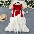 French chic floral collar long sleeve knit & mesh asymmetrical fairy dress - trendy & fluffy