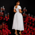 European and american style elegant women's solid color pleated a-line dress v-neck short sleeve slim fit backless maxi dress banquet gown