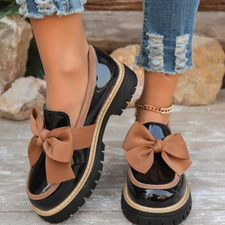 plus sizespring & fallnew arrival loafers women's bows british style leather shoes thick heel thick soleexportretroflats