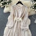 Luxury european and american style high-end puff sleeve dress - women's summer diamond-studded lace mesh patchwork ultra-fairy maxi dress