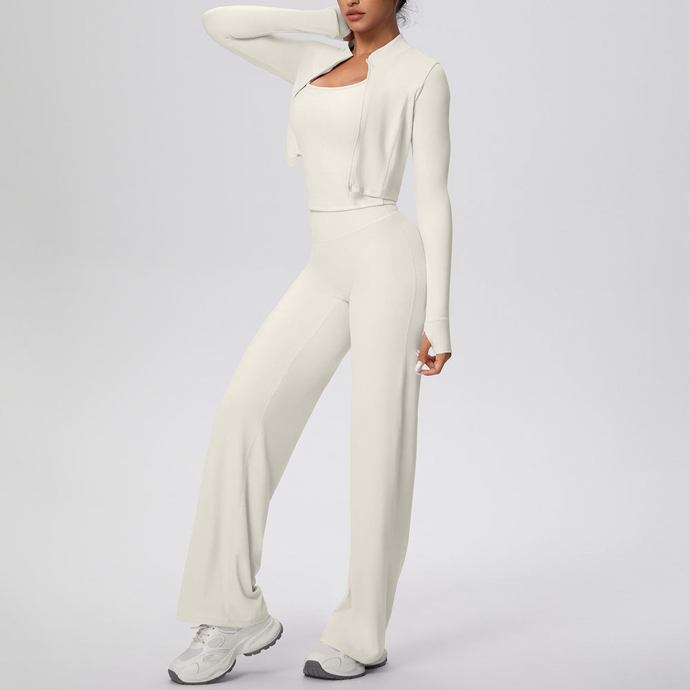 pure color brushed tight tank top wide-leg long three-piece set sports running fitness yoga suit