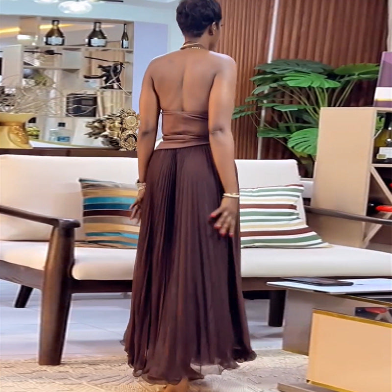 European and american cross-border women's fashion:  autumn new collection - elegant halter neck slim-fit tank top and pleated midi skirt set