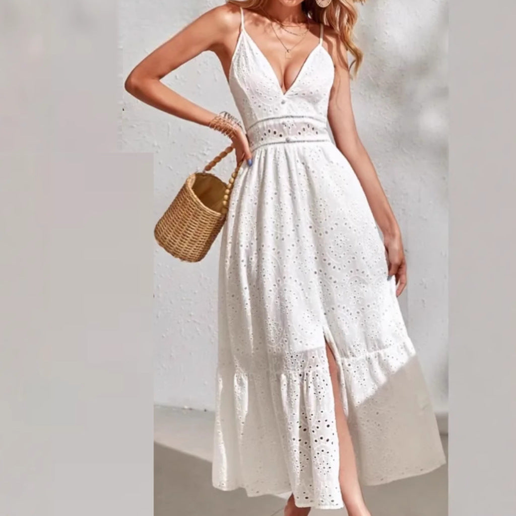 Russian  women's new summer sleeveless suspender dress hollow embroidery sleeveless jacquard suspender dress