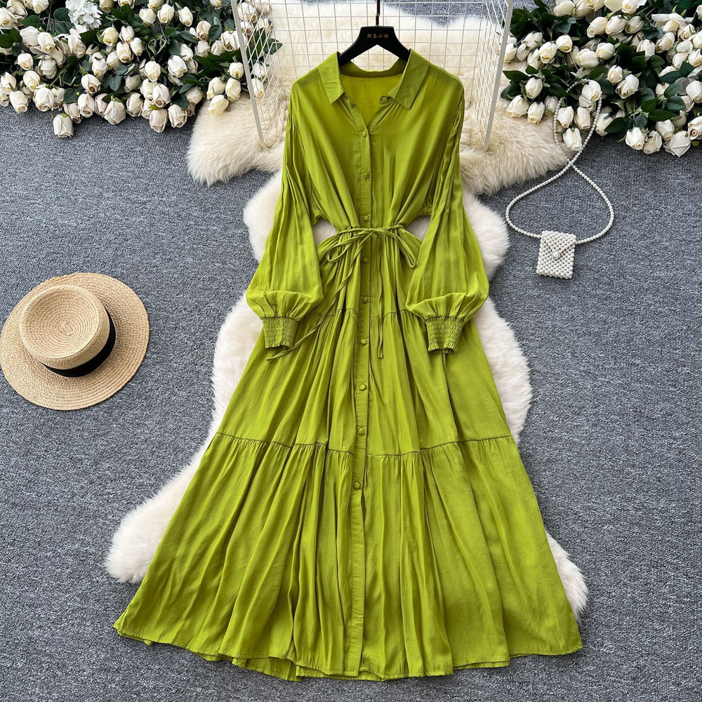 Luxury french style polo neck lantern sleeve shirt dress - women's summer tie-waist maxi dress - ethereal & stunning elegant long dress