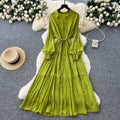 Luxury french style polo neck lantern sleeve shirt dress - women's summer tie-waist maxi dress - ethereal & stunning elegant long dress