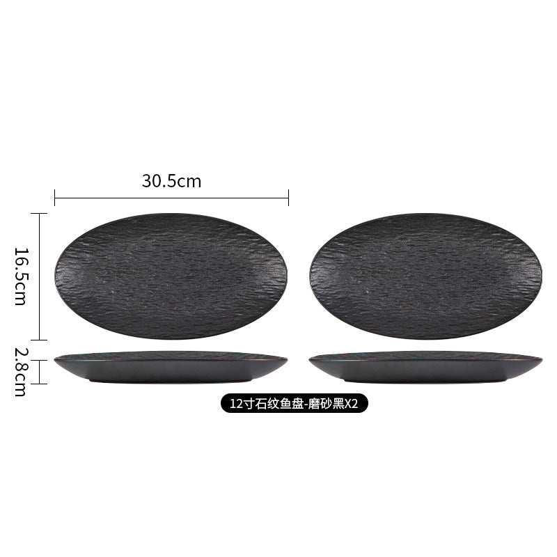 Japanese-style premium black and white ceramic dinnerware - high-end rock texture dinner plates for home use - round steak and chop dishes for restaurants