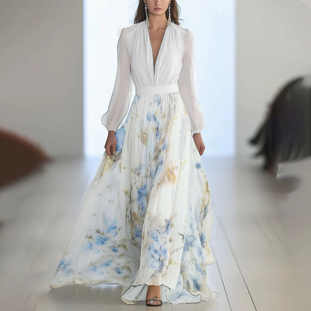 european and american style women's  independent store digital print long sleeve v-neck patchwork maxi dress