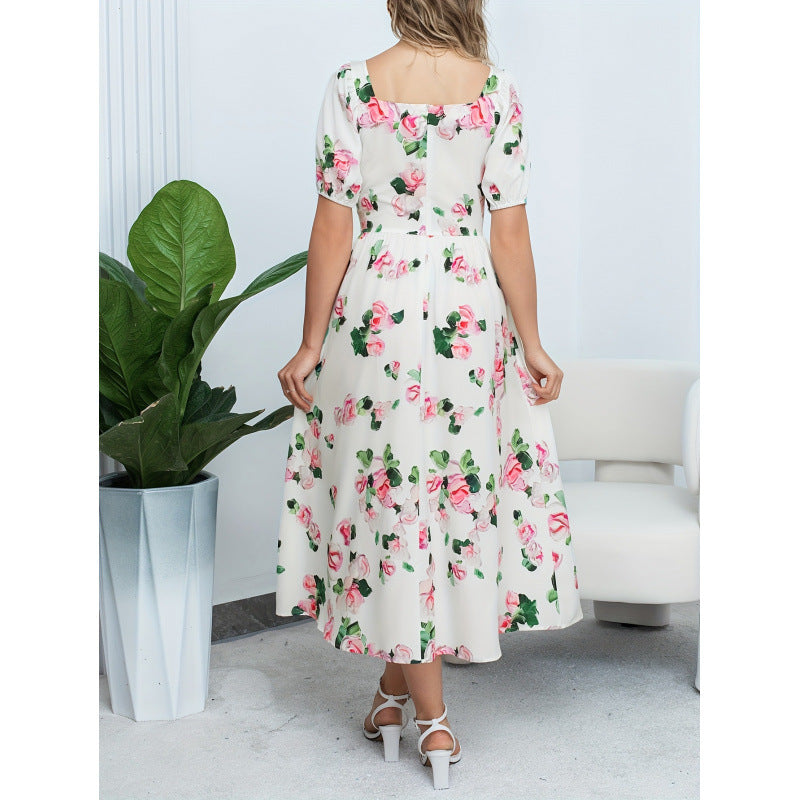 Aliexpress cross-border original design: elegant square neck fashion floral lady dress