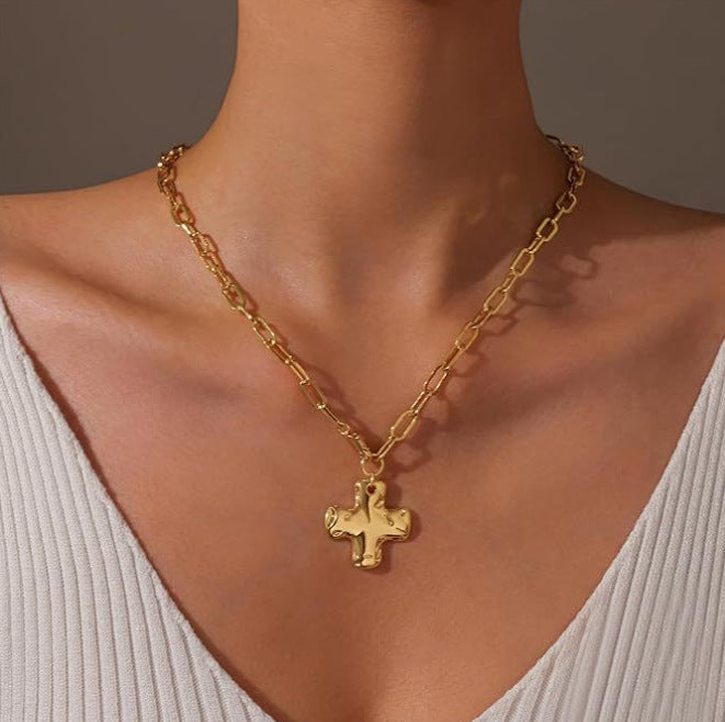 European and american cross-border casual hammered cross necklace niche style sense of design asymmetrical fashioneasiest for match collarbone chain necklace