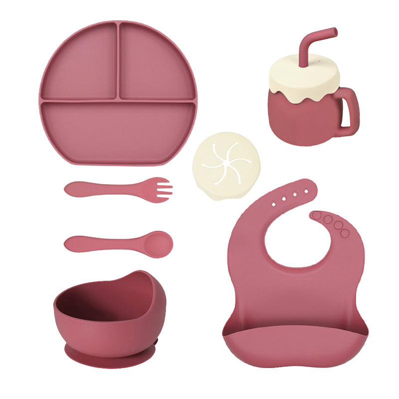 Children's Silicone Plate 7-piece Set Baby Separate Plate Feeding Bib Water Cup Fork Spoon Supplementary Food Bowl Tableware