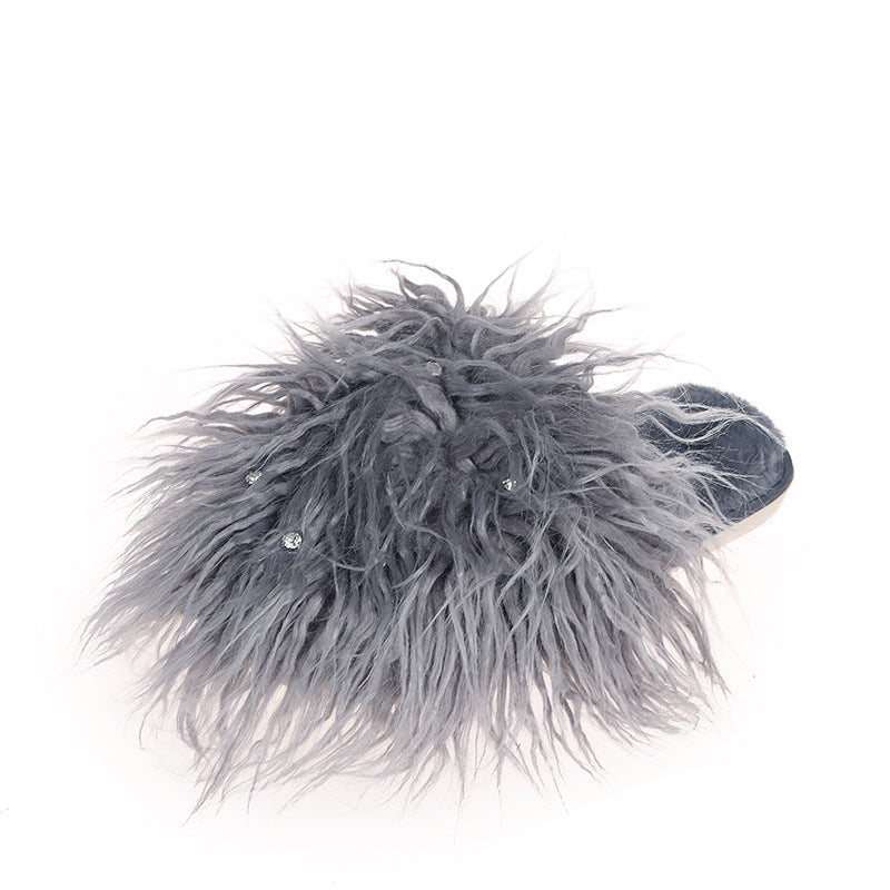 Slippers long hair fall and winter women's baotou k-style fashion rhinestone fur baotou slippers artificial fur wooden floor artificial fur