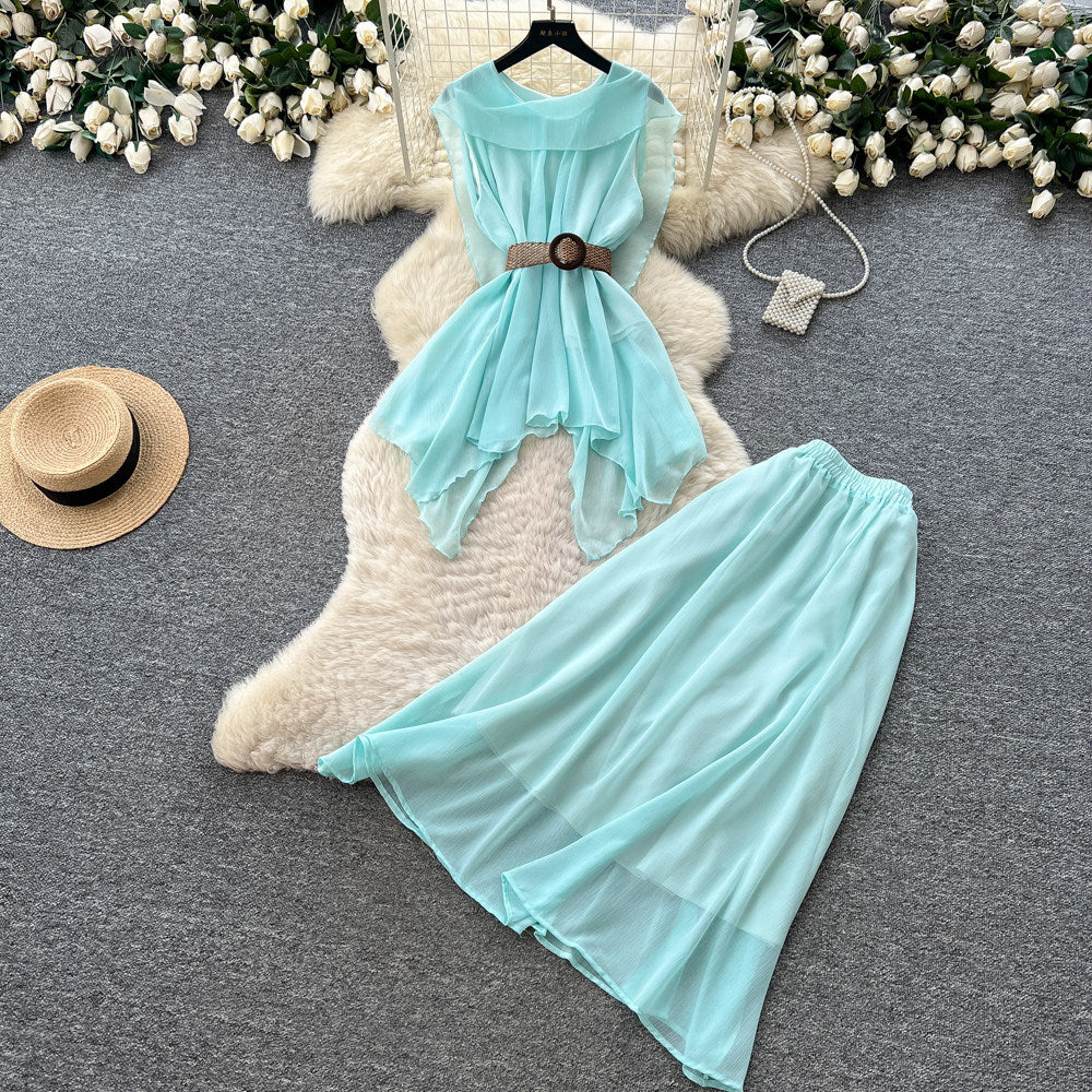 French chic halter top & high-waisted midi skirt set - women's work-ready, breathable mesh summer two-piece