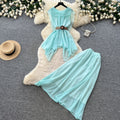 French chic halter top & high-waisted midi skirt set - women's work-ready, breathable mesh summer two-piece