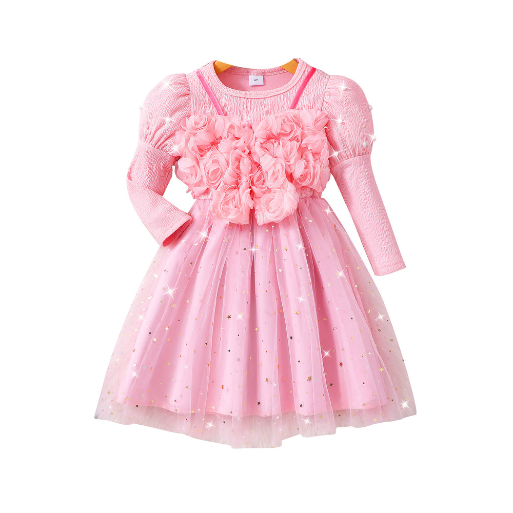 Girls' dress for toddlers and young children, 3d floral mesh dress gown