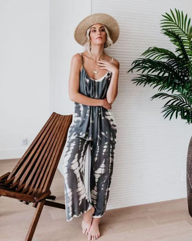 Russian, european, and american wish-style amazon 2025 new women's sexy wide-leg printed jumpsuit with straps