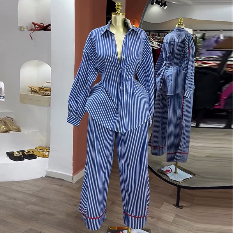 European and american cross-border women's fashion:  autumn new collection - stylish lapel blue striped shirt and wide-leg pants casual set