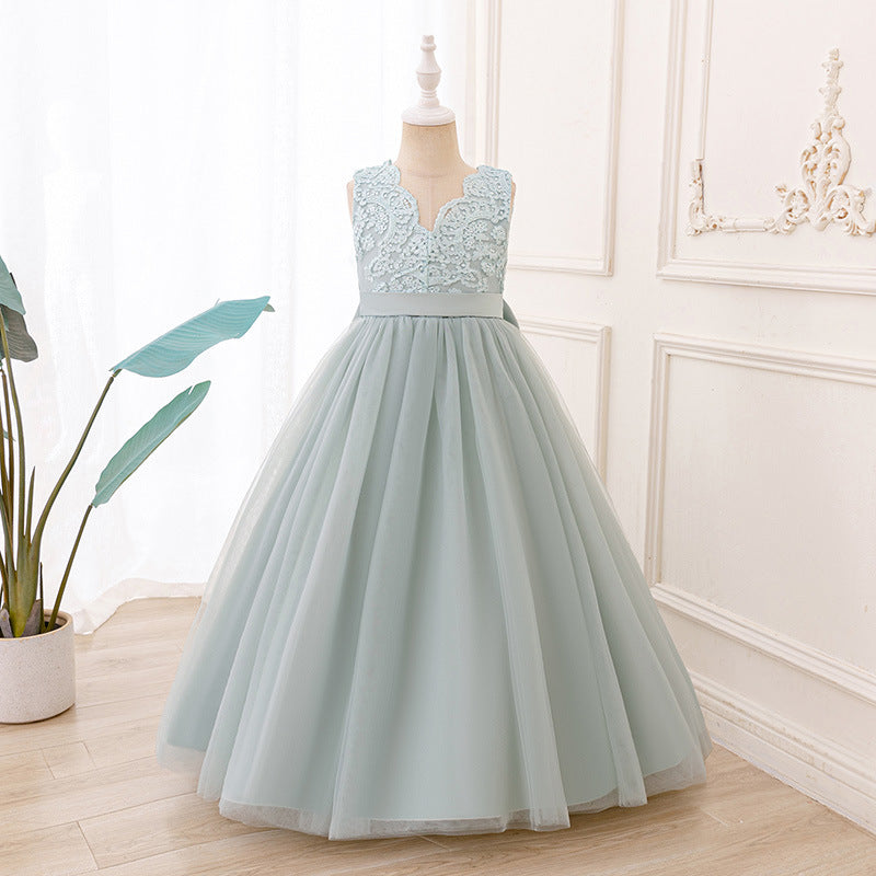 Custom-made, cross-border exclusive, girls' tulle maxi dress with lace trim, green, sleeveless, fashionable dress for girls