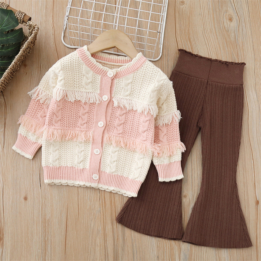 Girls' knit sweater and pants set - new autumn/winter  collection - handmade floral detail, cardigan sweater and pants outfit for little girls