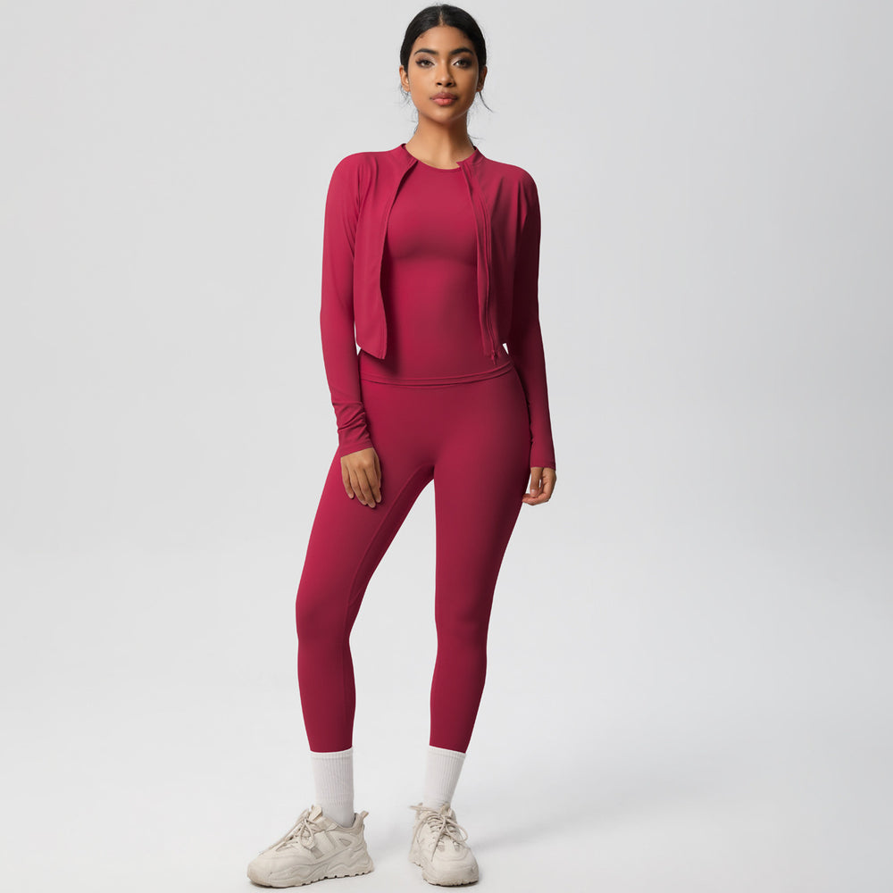 European and american nude feel solid color slim-fit top, jacket, and yoga outfit - quick-dry activewear three-piece set for outdoor leisure, running, and fitness