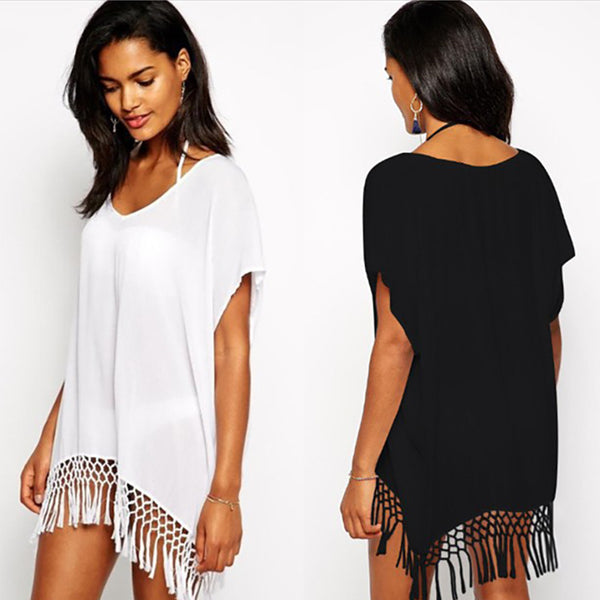 Foreign trade  fashion women's clothing solid color tassel knotted bat sleeve loose sunscreen sexy beach blouse dress