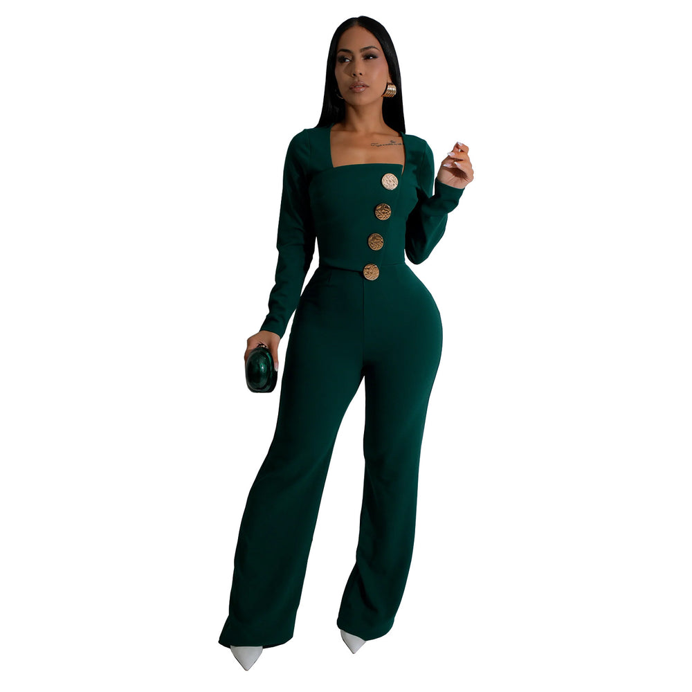 C7201 cross-border   fashion women's long-sleeve arm-hugging pants slim-fit solid color jumpsuit
