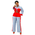 European and american women's clothing  autumn new collection: sweet and fresh color block long sleeve shirt with high-waisted straight-leg pants two-piece set
