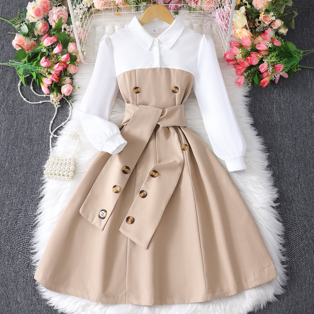 Children's long-sleeve collared button-up color block dress
