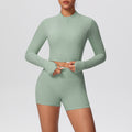 High-waisted, butt-lifting, form-fitting athletic shorts with a zip-up outer layer – a barely-there, casual running and fitness outfit set, perfect for yoga