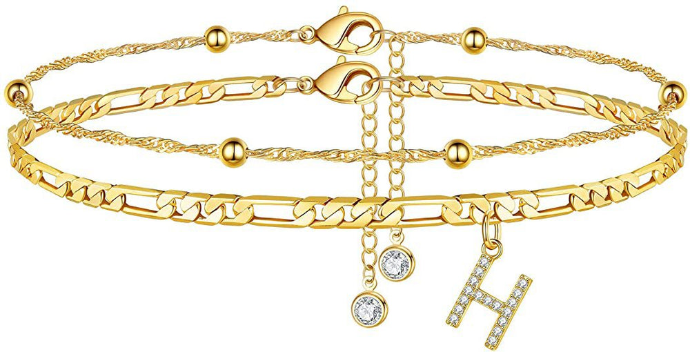 export hot-selling 26-letter anklet, zircon letter anklet, minimalist fashion seed bead cuban double-layer anklet