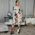 C7770 cross-border  new printed mesh see-through long-sleeved short top and slightly flared pants slimming look hot girl two-piece set