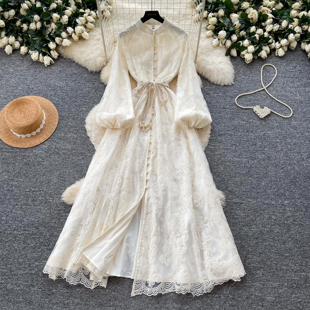 French romantic stand collar lantern sleeve lace dress - women's summer slimming a-line maxi dress - elegant and chic
