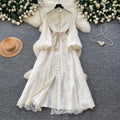 French romantic stand collar lantern sleeve lace dress - women's summer slimming a-line maxi dress - elegant and chic