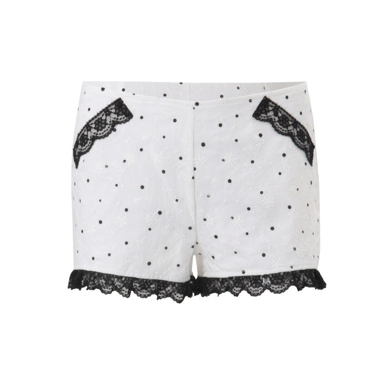 European and american style women's summer  new lace patchwork ruffle trim double-breasted short sleeve top and casual shorts set