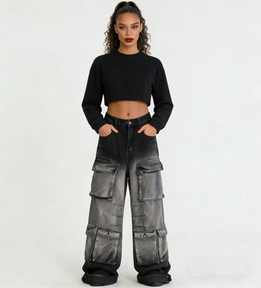 European and american style women's denim cargo pants -  cross-border fashion - streetwear gradient color multi-pocket straight leg jeans