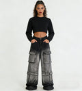 European and american style women's denim cargo pants -  cross-border fashion - streetwear gradient color multi-pocket straight leg jeans