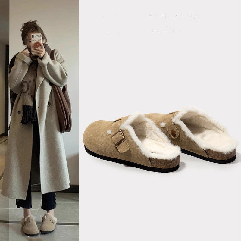 Maomao lazy birkenstock thick sole2025 autumn winternew arrival slip-on slippers fleece-lined birkenstock toe-cap half slippers for women