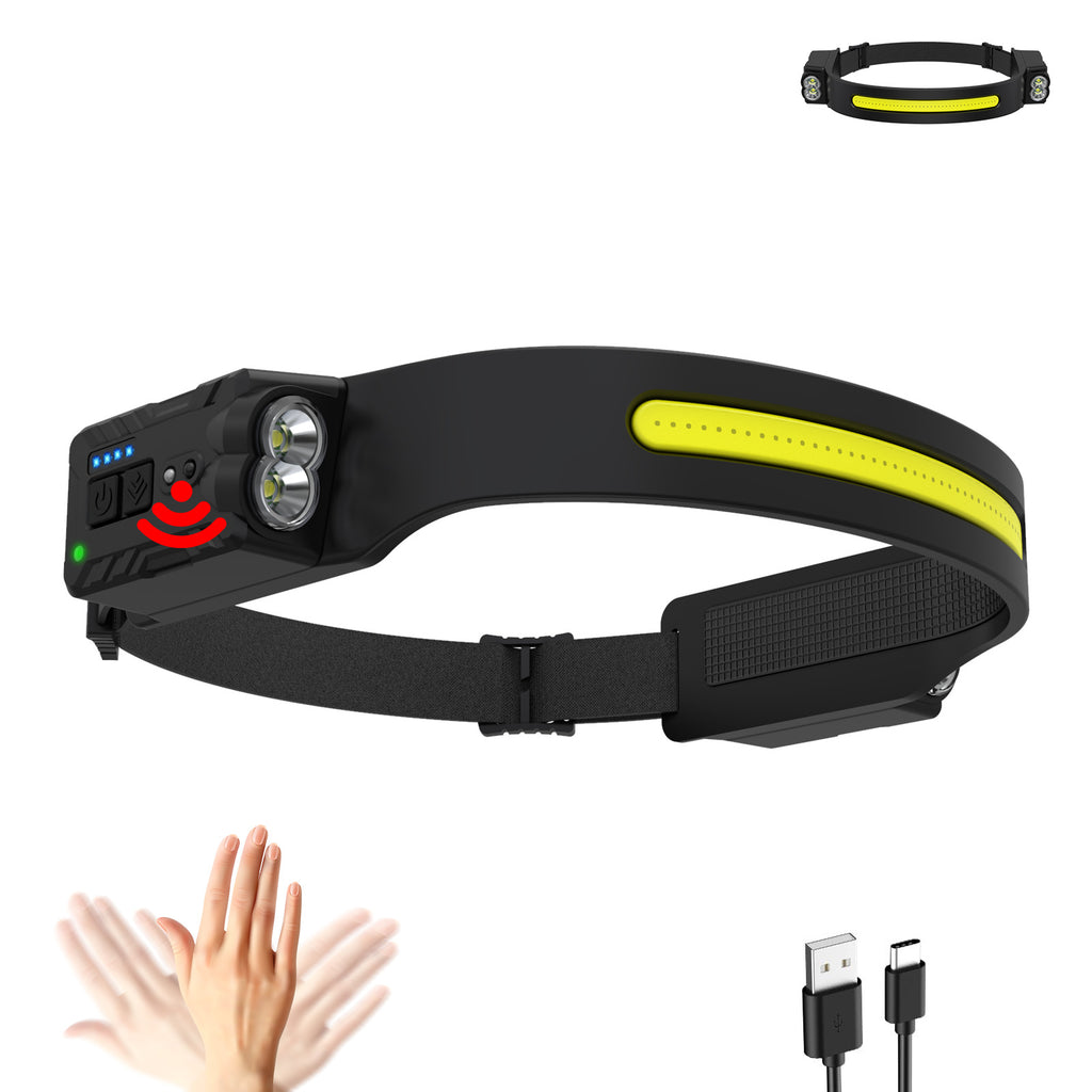 Cross-border new silicone double-head adjustable COB headlight, rechargeable night running, riding, camping induction headlight