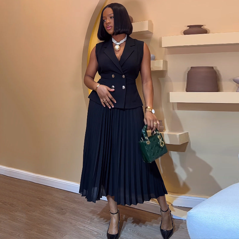 Fashion cross-border women's clothing  summer new style elegant suit collar vest tops pleated skirt casualsuit
