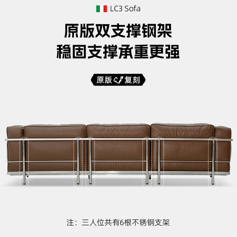 Designer medieval style oil wax leather sofa lc3 bauhaus living room straight row small apartment three-person slotretro sofa
