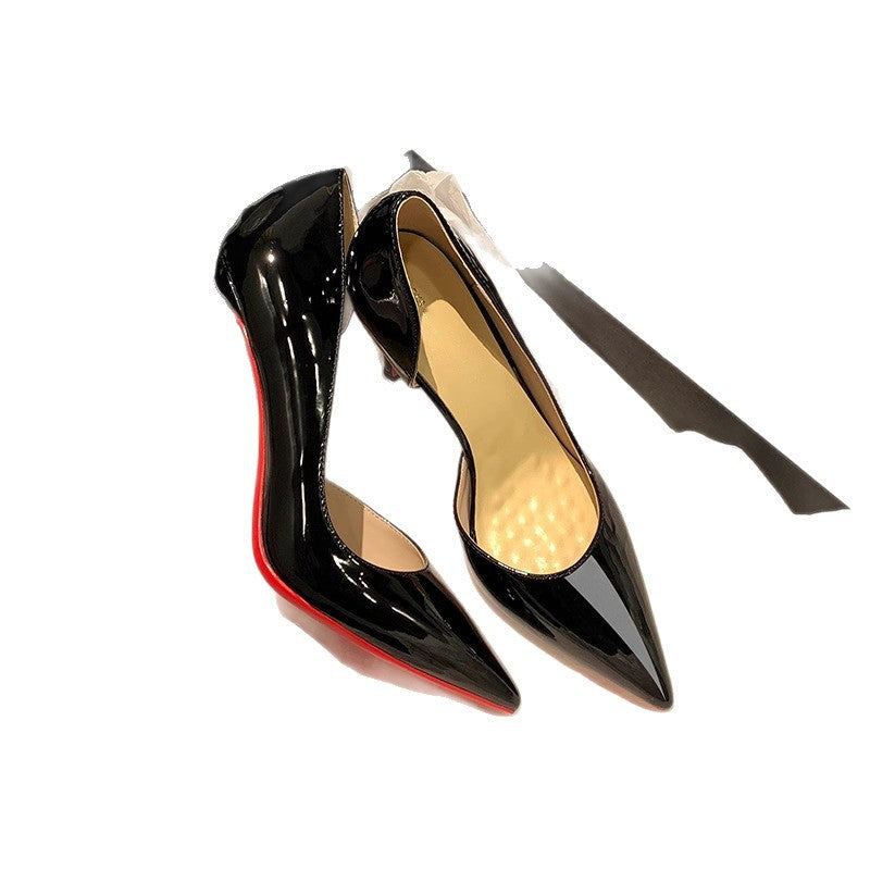Nude high heels for women 2025 new arrivalspring & fall pointed toe stiletto side empty patent leather elegant socialite red bottom professional flats