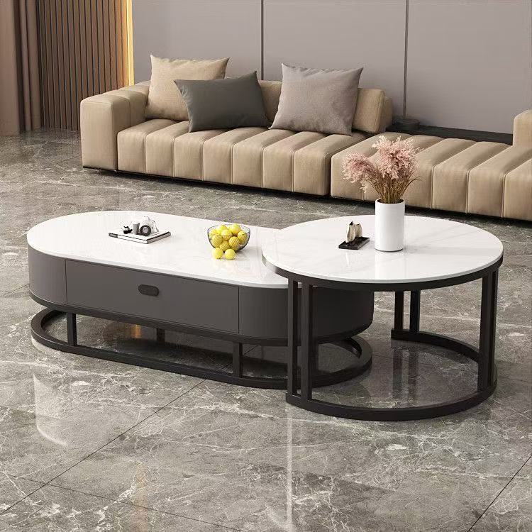 Italian light luxury oval glass coffee table living room home tea table high-end marble combination coffee table set