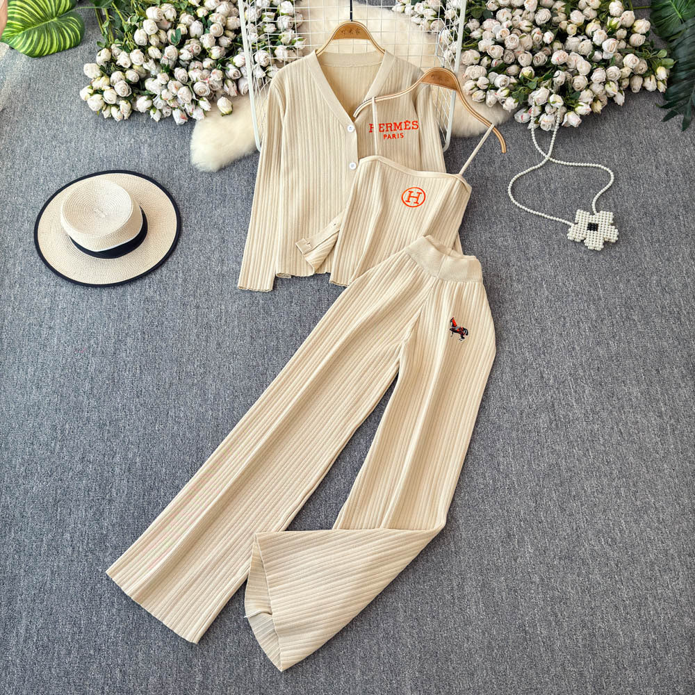 Autumn/winter minimalist embroidered v-neck long sleeve knit top with camisole + high-waisted slimming wide-leg pants three-piece set for women