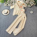 Autumn/winter minimalist embroidered v-neck long sleeve knit top with camisole + high-waisted slimming wide-leg pants three-piece set for women
