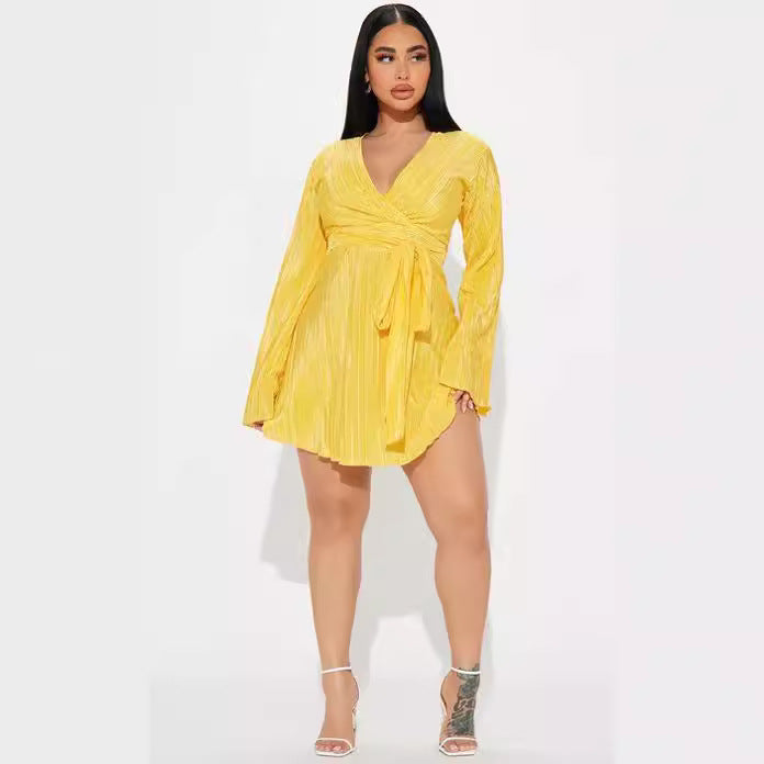 Amazon women's  spring new high-waisted long sleeve solid color backless tie-up pleated asymmetrical dress