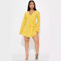 Amazon women's  spring new high-waisted long sleeve solid color backless tie-up pleated asymmetrical dress