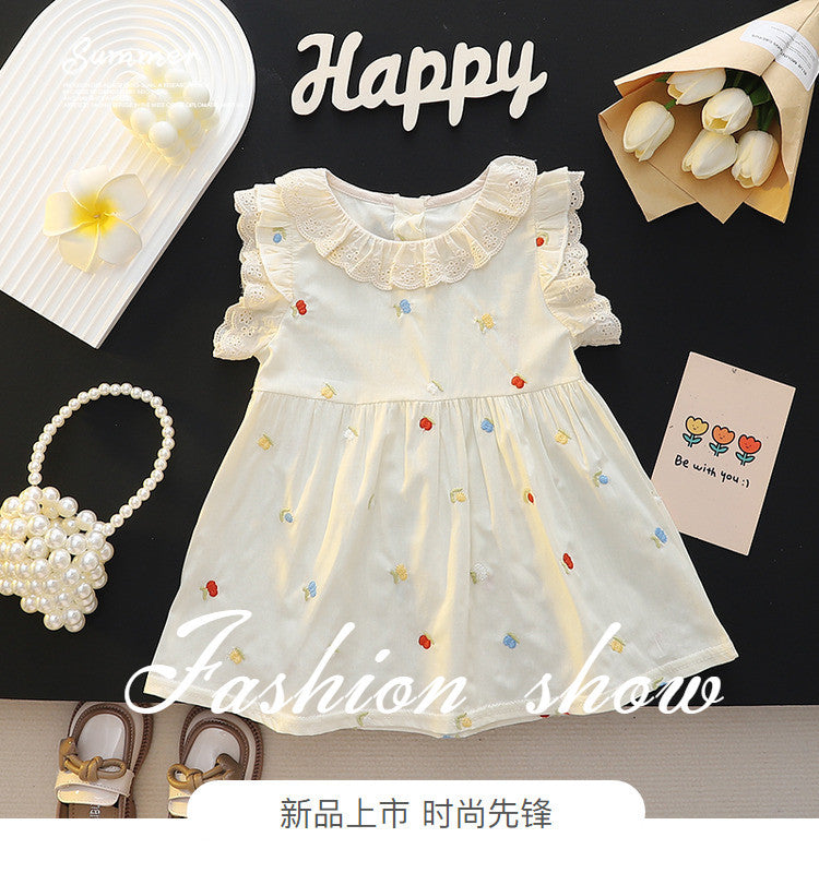 Girls' lace-neck tank dress - summer baby embroidered floral dress - girls' round neck princess dress - summer outfit - little fly