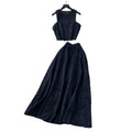 French retro hollow-out crochet design set for women: sleeveless tank top + high-waisted elastic waist flared midi skirt