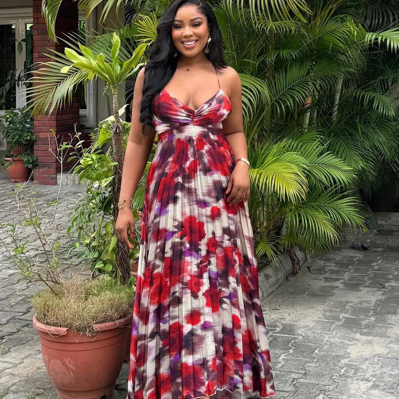 Spot   African printing pleated suspender long dress  European and American large size sexy dress women