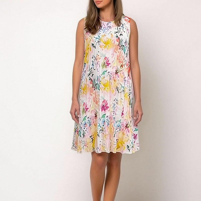 cross-border european and american women's clothing: new summer fashion casual floral sleeveless loose-fit dress