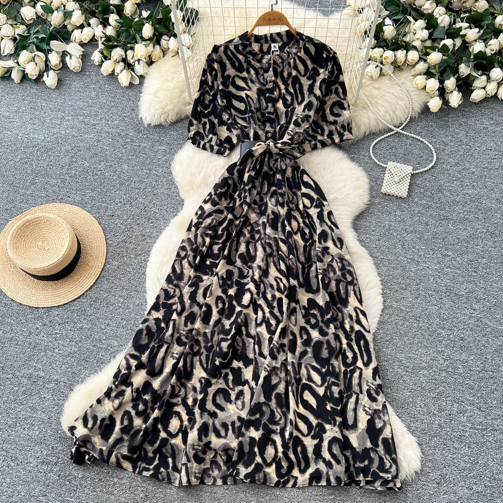 Vintage print a-line dress - women's summer short sleeve, slim fit, elegant long dress